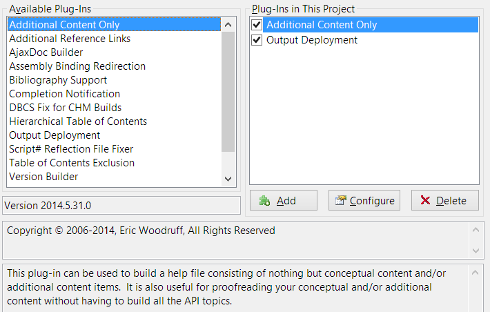 Plug-in configurations property page